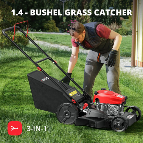 Person using 21 Inch Gas Push Lawn Mower With Mulching Bagging And Side Discharge 144cc 4 Stroke OHV Engine