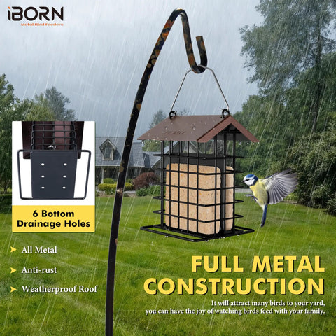 Outdoor Suet Feeder With Squirrel Proof Hook For Birds All Metal Roofed Cage Feeder weatherproof and woodpecker friendly.