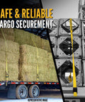 Beefy Heavy Duty Flat Hook Ratchet Straps 2 Inch by 50 Foot 2 Pack securing hay bales on flatbed trailer and industrial frame.