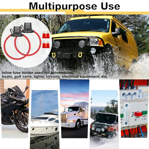 2 Pack 12V Inline Fuse Holders With 18 AWG Circuit Wire And 10A Blade Fuses Snap Right Into Any Car Or Truck Harness, shown with vehicles.