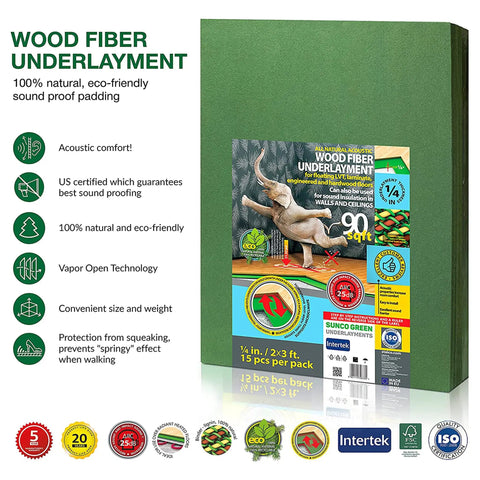 Premium Wood Fiber Flooring Underlayment 6mm Covers 180 Sq Ft Solid Acoustic Insulation And Hella Quiet Soundproofing For Laminate Lvt Lvp Or Hardwood Floors Today visible on eco-friendly padding with product details.