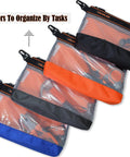 Clear Tool Pouch Set With Zipper, 13 Inch Pouches, Four Pack Quick Access Tool Organizers in four colors: black, orange, blue.