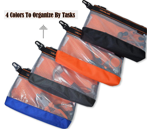 Clear Tool Pouch Set With Zipper, 13 Inch Pouches, Four Pack Quick Access Tool Organizers in four colors: black, orange, blue.