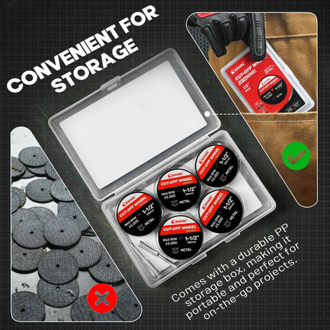 EZARC 1-1/2 in fiberglass-reinforced cut-off wheels, 32-pack with mandrels, stored in clear plastic storage case.