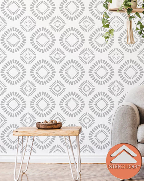 Big Floral Wall Stencil Set 24 By 38 Inches XL Allover Pattern With Free Edging Stencil applied on wall in living room decor.