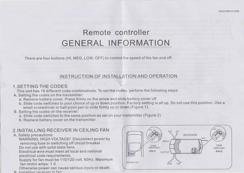 Universal Ceiling Fan Remote Control Kit With 3 Speed Dimmer And Reverse Button installation instructions.