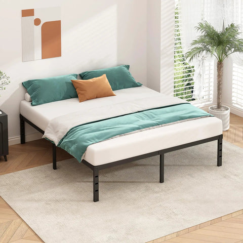 Rock Solid Metal Platform Bed Frame Full Size With Heavy Duty Support Slats No Box Spring Needed in modern bedroom setting.