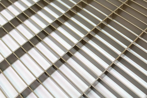 Close-up of 8 By 30 Floor Grille With Fixed Blades Brown Finish, Heavy Duty Reinforced Steel Floor Air Vent Cover for 8 By 30 Duct Openings