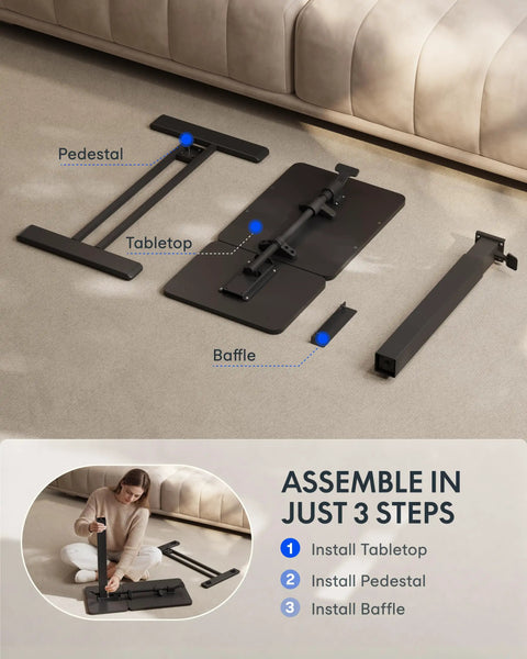 Assembly guide for Adjustable Height C Shaped End Table With Split Tilting Top And Gas Spring Lift, parts laid out on carpet.