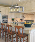 Westbury 4 Light Pendant Fixture with adjustable hanging lights and glass opal shades above a kitchen island, satin nickel finish.