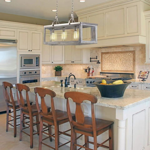 Westbury 4 Light Pendant Fixture with adjustable hanging lights and glass opal shades above a kitchen island, satin nickel finish.