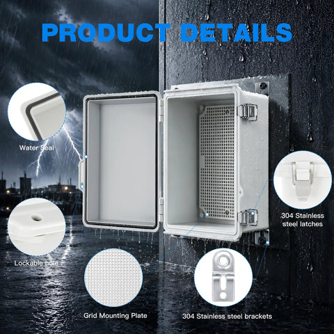 Heavy Duty Outdoor Junction Box Waterproof IP67 ABS Plastic Electrical Enclosure With Stainless Steel Latch, open with water seal features.