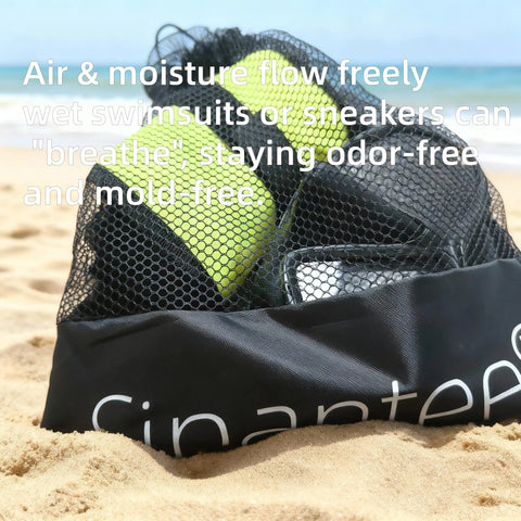 Three Pack Scuba Diving Mesh Bags SMB Pouches For Gear And Snorkeling Equipment on sandy beach with fins inside