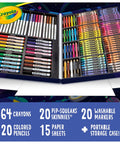 Space Theme 140 Piece Art Kit For Kids with crayons, markers, pencils, and paper sheets in an open durable case