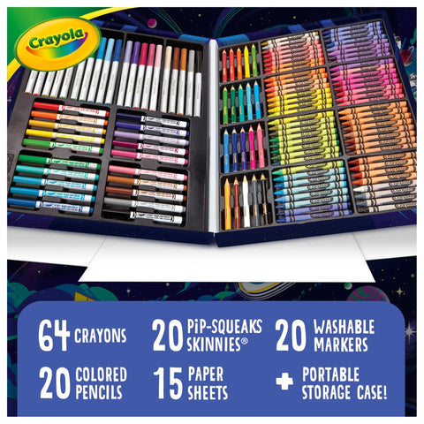 Space Theme 140 Piece Art Kit For Kids with crayons, markers, pencils, and paper sheets in an open durable case