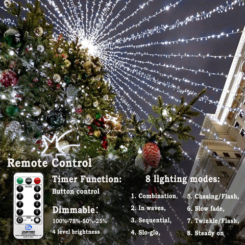 403Ft 1000 LED Outdoor Christmas Lights With 8 Modes And Timer Waterproof Green Wire on tree with ornaments and remote control