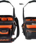 Open Top 24 Pocket Hard Base HVAC And Electrician Tool Bag With Rigid Bottom For Dry Tools 25 MOLLE Loops 6 Bit Slots And 2 Wire Loops Fully Packed Tote Carrier Caddy For Electricians And Pros On The Jobsite showing front and back views