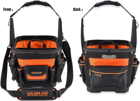 Open Top 24 Pocket Hard Base HVAC And Electrician Tool Bag With Rigid Bottom For Dry Tools 25 MOLLE Loops 6 Bit Slots And 2 Wire Loops Fully Packed Tote Carrier Caddy For Electricians And Pros On The Jobsite showing front and back views