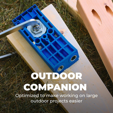Beefy Heavy Duty Pocket Hole Jig HD For Big Projects With Steel Enforced Drill Guides on outdoor wood, close-up view.