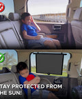 Young boy in car with and without Two Pack Car Window Shade For Back Seat Protects Kids Pets And Passengers From Sun Glare And Harmful UV Rays Retractable One Touch Side Window Shade Easy To Install Fits Cars And Trucks 20 By 22 Inches.
