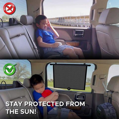 Young boy in car with and without Two Pack Car Window Shade For Back Seat Protects Kids Pets And Passengers From Sun Glare And Harmful UV Rays Retractable One Touch Side Window Shade Easy To Install Fits Cars And Trucks 20 By 22 Inches.