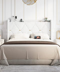 Queen Bed Frame With Plush Velvet Headboard And Built In Charging Station Featuring Dual AC Outlets And USB Port Plus Type C Hub in stylish setting.