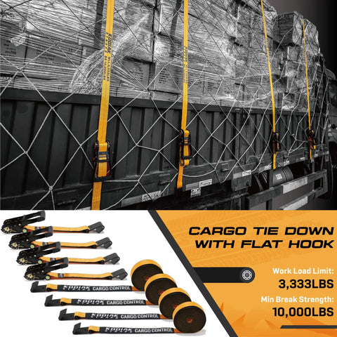 4 Pack Heavy Duty 2 Inch By 27 Foot Ratchet Tie Down Straps With Flat Hooks securing cargo on a truck with 10000 lbs break strength