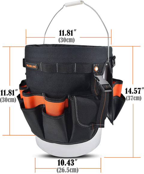 5 Gallon Bucket Tool Organizer With 47 Pockets Heavy Duty 1680D Ballistic Fabric Bucket Bag Holder For Garage Or Garden with dimensions