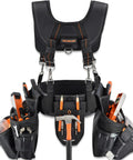 Carpenter Tool Belt With Suspenders 39 Pockets Padded 4 Inch Belt Kit, 10 In 1 Set With Hammer Holster, Nail Bags, Detachable Belts, Belt Loops, Adjustable For Left Or Right Hand, Construction Pro Gear displayed with tools