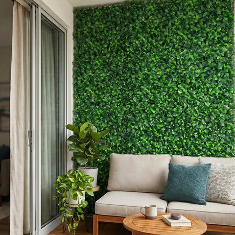 20 By 50 Inch Artificial Privacy Grass Wall Decor With Ficus Leaves And Faux Trellis Expandable Lattice Panels in living room