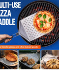 Perforated Pizza Peel 12 Inch With 10 Inch Folding Handle Stainless Steel Spatula Paddle shown with pizza on grill