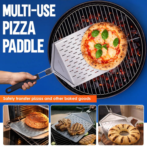Perforated Pizza Peel 12 Inch With 10 Inch Folding Handle Stainless Steel Spatula Paddle shown with pizza on grill