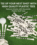 Extra Long Golf Tees 4 Or 5 Inch Pack Of 30 Unbreakable 5 Prong Pro Grade Durable Plastic Construction Driving Range Tees With Consistent Height In White Pink Green For Men Women scattered on grass with three tees upright and a golf ball.