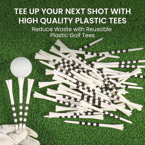 Extra Long Golf Tees 4 Or 5 Inch Pack Of 30 Unbreakable 5 Prong Pro Grade Durable Plastic Construction Driving Range Tees With Consistent Height In White Pink Green For Men Women scattered on grass with three tees upright and a golf ball.