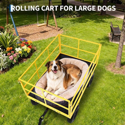 Heavy Duty 1500 Pound Capacity Garden Wagon With All Terrain 13 Inch Wheels Removable Sides hauling a dog in a park