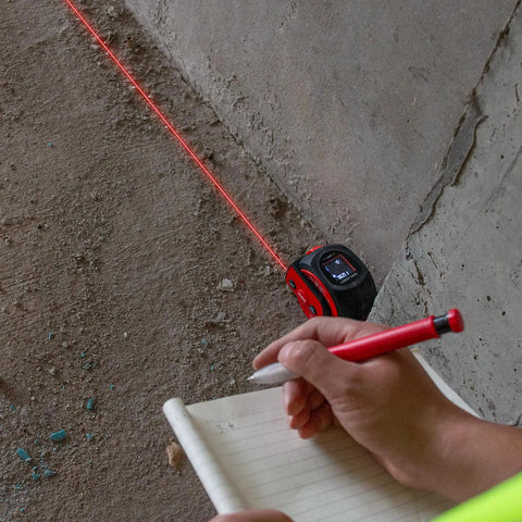 All In One 3 In 1 Laser Tape Measure With Auto Level, 197ft Laser Distance Meter, 16ft Digital Tape With Fractions, Built In Level, Rechargeable Electronic Tape For Builders And Contractors measuring a wall corner