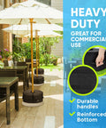 Heavy Duty 18 Inch Round Umbrella Base Weight With Side Slot Opening for offset cantilever umbrellas, black on patio