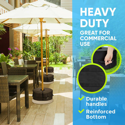 Heavy Duty 18 Inch Round Umbrella Base Weight With Side Slot Opening for offset cantilever umbrellas, black on patio