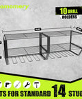 Image of Heavy Duty Wall Mounted Power Tool Organizer With 3 Tier Iron Garage Rack And 10 Drill Slots, dimensions shown.