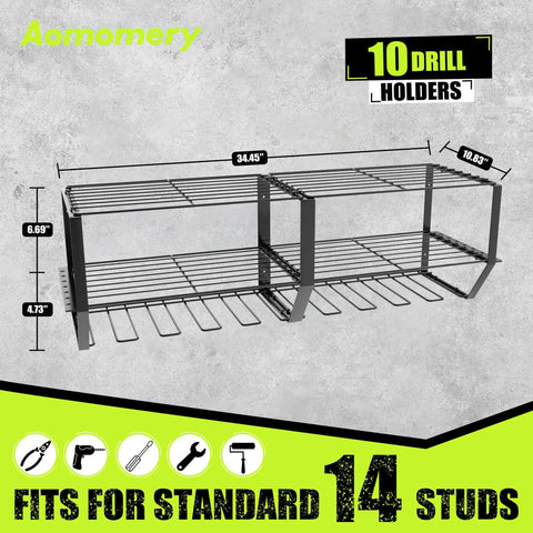 Image of Heavy Duty Wall Mounted Power Tool Organizer With 3 Tier Iron Garage Rack And 10 Drill Slots, dimensions shown.