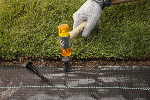 Installing Heavy Duty Woven Weed Control Fabric 6 by 33 Feet Black Ground Cover Membrane with hammer and stakes on lawn edge