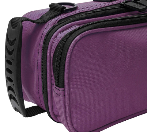 Close-up of Rugged Slick Flute Case Cover For Large Molded Instruments Built Different With Heavy Duty 600D Nylon Purple Exterior.