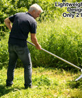 Person using Adjustable Fifty Inch Long Handle Scythe With Heavy Duty Three Section Detachable Weed Cutter And A 12.6 Inch Stainless Steel Blade for easy weeding.