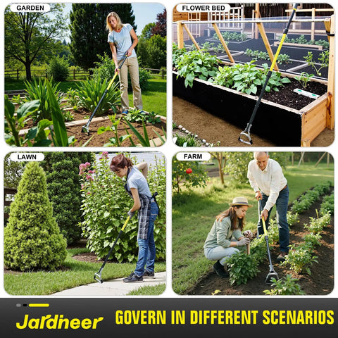 Long Reach 4-In-1 Garden Hoe With 64 Inch Handle used in various settings: garden, flower bed, lawn, and farm for weeding