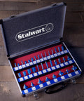 Open aluminum case showing 35 Piece Router Bits Set Carbide Woodworking Kit For DIY Home Improvement Includes Allen Wrench And Aluminum Carrying Case Silver Ideal For Edge Routing V Groove Dado Cove Inlay And Plunge Cutting.