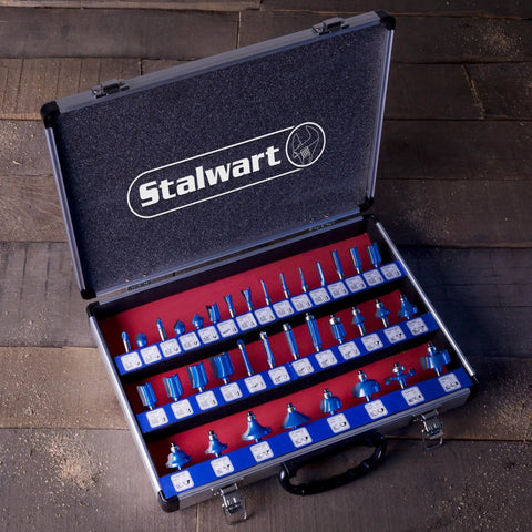 Open aluminum case showing 35 Piece Router Bits Set Carbide Woodworking Kit For DIY Home Improvement Includes Allen Wrench And Aluminum Carrying Case Silver Ideal For Edge Routing V Groove Dado Cove Inlay And Plunge Cutting.
