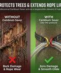 Comparison of bark damage with and without Pro Grade Arborist Friction Saver for Serious Tree Climbing and Cambium Saver Loop Belt Sling.