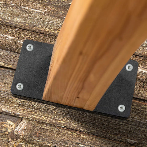 Top view of one 4x4 wooden post secured with a Two Pack 4x4 Post Anchor Plates For Decks, Wood Fences, Mailboxes And Posts, Heavy Duty Structural Steel Post Bases With Predrilled Holes For Easy Concrete Install