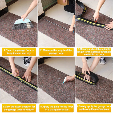 Garage Door Threshold Seal Weather Stripping Bottom Rubber 20 Feet Long 3.15 Inch Wide Keeps Leaves Dirt Water Out Prevents Condensation And Rust Easy DIY Install Universal Fit installation steps collage.