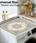 Two Pack Washer And Dryer Top Mats 25.6 By 25.6 Inches Non Slip Quick Dry Top Protectors in beige vintage Persian design on washer.